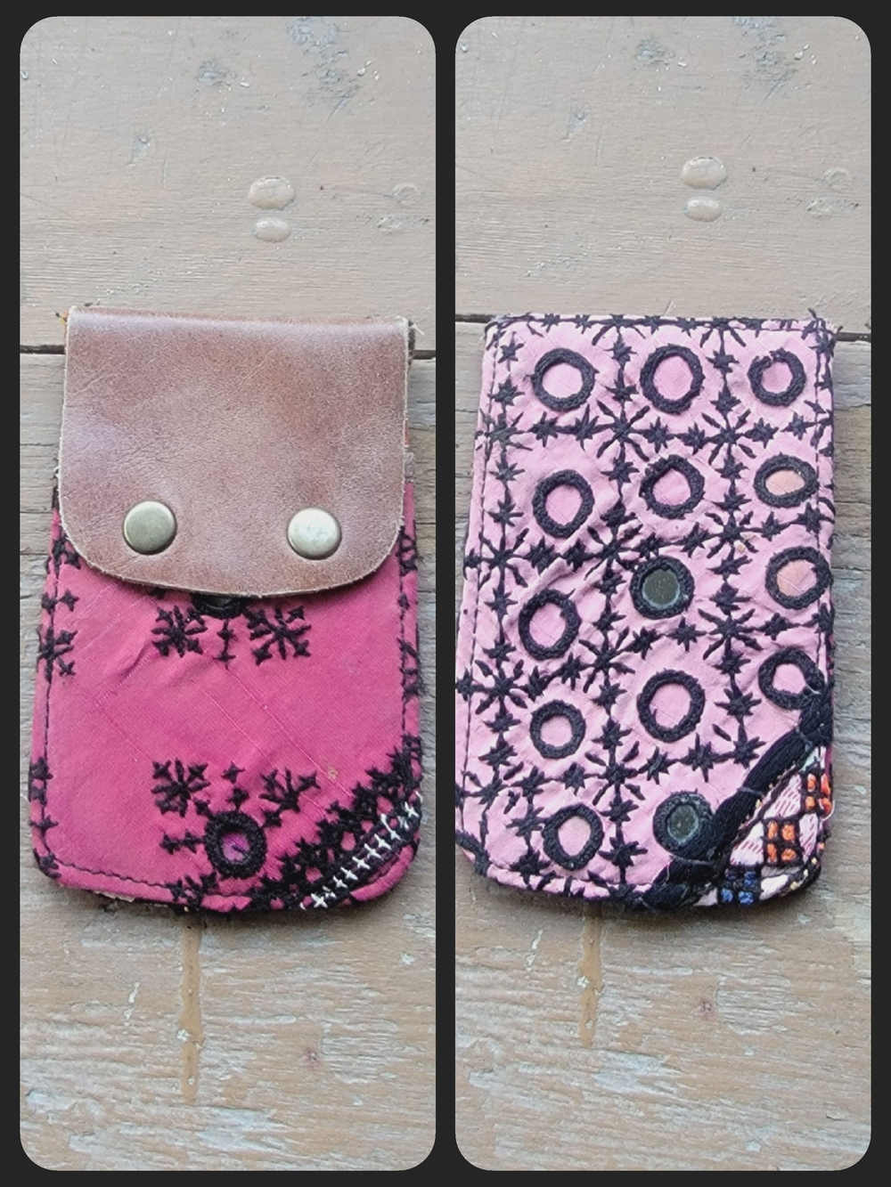 Free People embroidered banjara boho repurposed vtg leather wallet card case